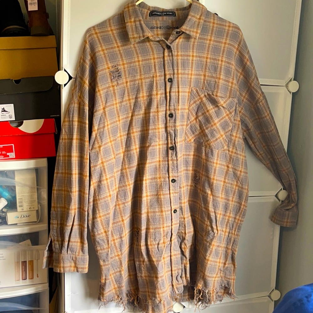 Neutral Plaid distressed shirt dress